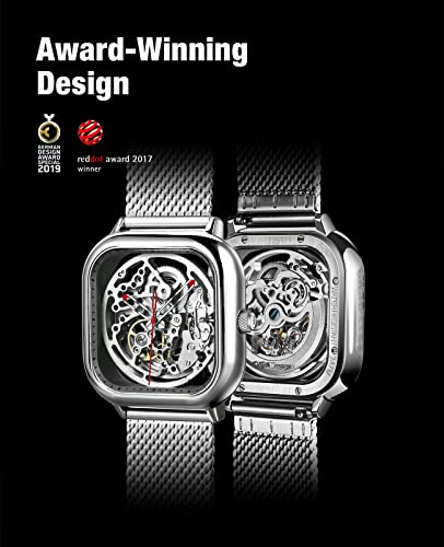 CIGA Design Automatic Mechanical Watch, Luxury Skeleton Square Business Dress Watch, Stainless Steel/Titanium Case with Silicone Strap, Gift for Men and Women