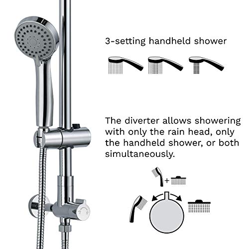 Polaris III Retrofit Rain Shower System, 3-Setting Handheld Shower Combo with Slide Bar, 8" Low Profile Shower Head for Low-Ceiling Bathrooms, 9-Inch Vertical Extension Pipe (Chrome)