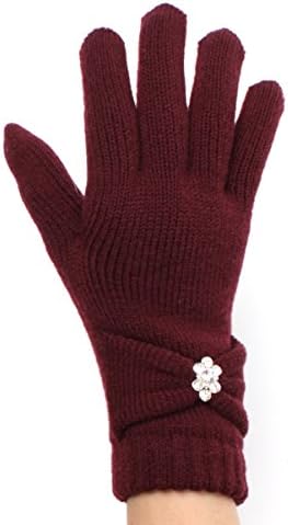 LL Womens Warm Winter Knit Fashion Gloves, Fleece Lined - Many Styles (Wine Bling Bow)