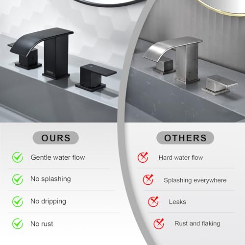 OMEKNTOP Matte Black Bathroom Faucet 3 Hole, 8 Inch Waterfall Black Bathroom Faucet with cUPC Hose, Two Handle Bathroom Sink Faucet for Basin Lavatory Vanity
