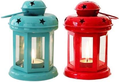 Datalact Tealight Holder Metal Hanging Lantern Diwali Gift Birthday, Diwali Decoration, Scented - Fragrance Candles with Glass Decorative Set of 2