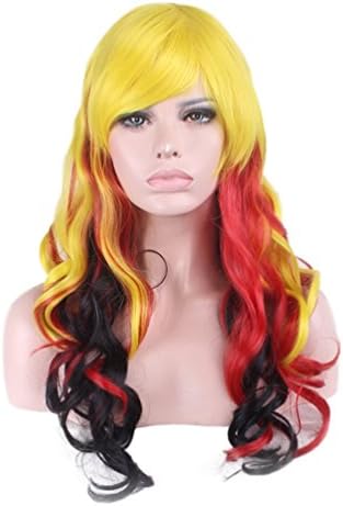 Rise World 28 " 70 cm Women's Long Curly Oblique Bang Full Hair Wig Black Red Gold