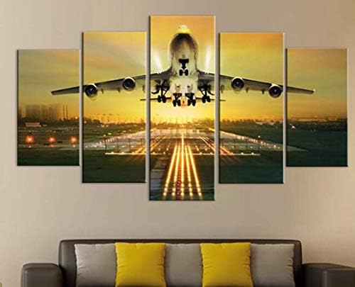 Reyqing Modern Decorative Art Wall Painting Yellow Airplanes And Runways Soaring Sky Frameless Painted Bedroom Decoration,20x35cmx2 20x55cmx1 20x45cmx2