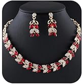 Wekicici Bridal Gold Leaf Necklace Earrings Set Leaves Crystal Vine Collar Necklace Set Gifts for Women Bride Wedding Prom (red)