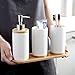 JIWEIMO 4 Piece Ceramic Bathroom Accessories Set ，Includes: Soap Dispenser Pump, Toothbrush Holder, Tumbler and Wooden Tray. Version 2.0