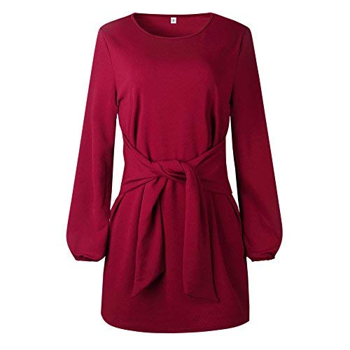 EbuyGo Women\'s Long Sleeve Casual Round Neck Wear to Work Casual Pencil Dress Belt