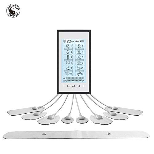 12 Modes Best muscle simulator tens ems nmes unit machines electric electronic pulse massagers for back neck shoulder knee legs body pain tmj replacement pads HealthmateForever T12AB2 (Black in White)