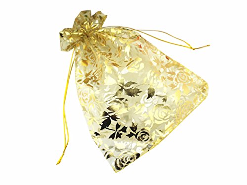 QIANHAILIZZ 8 x 12 Inch 100 Drawstring Heart Flower Bags Organza Jewelry Gift Pouch Candy Pouch Drawstring Wedding Favor Bags (gold flower)