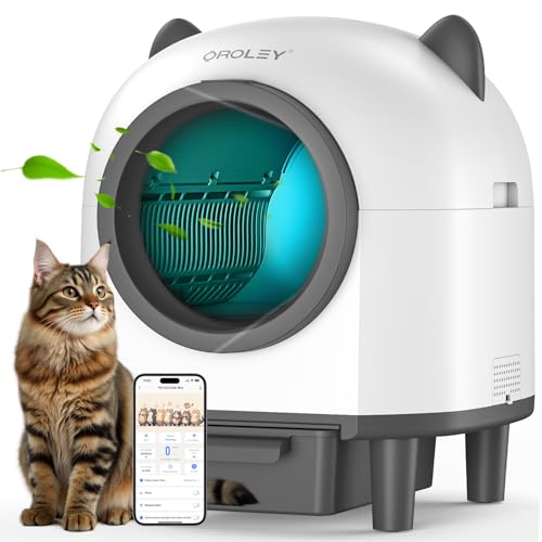 OROLEY Self-Cleaning Litter Box, Automatic Cat Litter Box with APP Control & Safety Sensor，Large Capacity Design for Multiple Cats,Built-in Deodorizing Scent Box and Garbage Bags,White