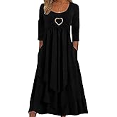 ZOCANIA Womens Fall Long Sleeve Heart Tiered Dresses with Pockets Ruffle Irregular Hem A Line Flowy Pleated Maxi Dress