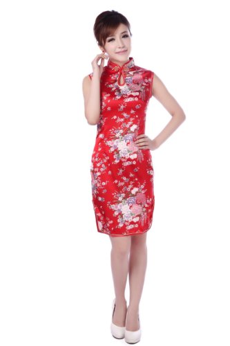 JTC Women's Chinese Red Silk Short Cheongsam Dress 1pc