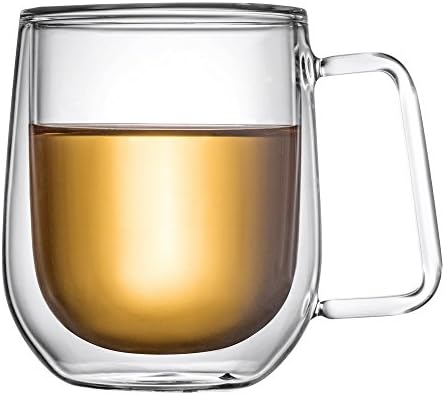 LauderHome Double Walled Insulated Glass Coffee Mugs or Tea Cups Set of 2, Double Wall Glass 11 oz - Clear, Unique &amp; Insulated with Handle