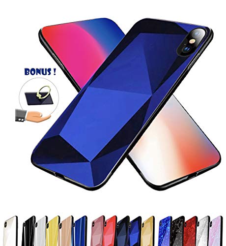iPhone X/Xs Cases with a Bonus Set of Ring Fingers - RED, Blue, Black, White, Pink, Purple, Gold - Tempered-Glass, Glass-Glitter, Diamond-Crystal, and Mirror Cases - Blue Diamond-Crystal