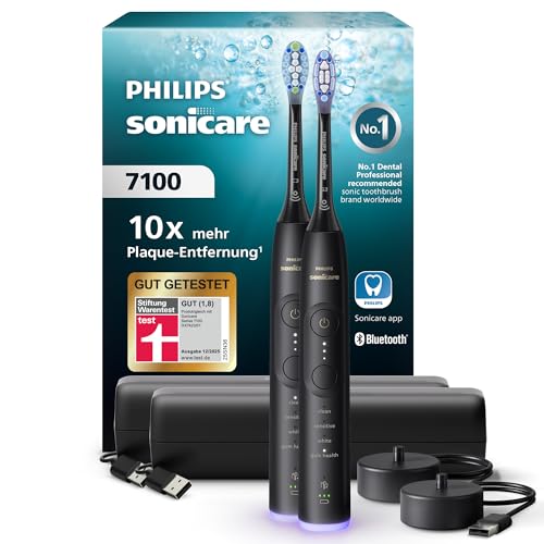 Philips Sonicare 7100 elektrische Zahnbürste, Schallzahnbürste mit App, 4 Putzmodi, 3 Intensitätsstufen, Andruckkontrolle, EasyStart, SmarTimer, Schwarz, 2er-Pack, Modell HX7429/03 [Neue Technologie]
