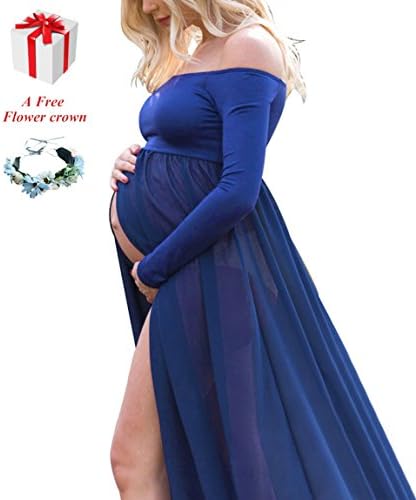 Women's Maternity Wedding Photography Dress Stretchy Photoshoot Baby Shower Long Sleeve Chiffon Split Front Maxi Pregnant