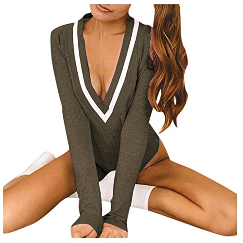 Womens Long Sleeve Threaded Striped Bodysuit Ladies Deep V Neck Stretch Leotard Body Tops Jumpsuit (-Army Green, L)