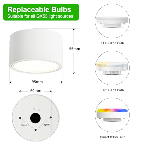 KYOTECH 4 x LED Surface-Mounted Spotlights, 4000 K Ceiling Spotlights, Matt White, 6 W, 550 lm, GX53 LED Surface-Mounted Spotlights, Diameter 95 x 55 mm, Surface-Mounted 230 V Surface-Mounted Light, Ceiling Light for Bedroom, Living Room