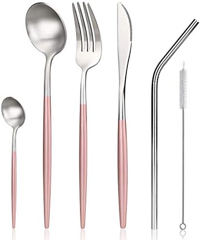 Flatware Set, Cutlery Set Travel, Stainless Steel Silverware Tableware Dinnerware Utensil Set with Box for Camping/Travel/Picnic/Home/School/Office Lunch,Included Knife,Fork, Spoons, Straw,Straw Brush