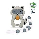 moopok Baby Teething Toys, Teething Pain Relief, Silicone Teether with Pacifier Clip Natural BPA Free Raccoon for Freezer - Best Newborn Shower Gifts for Trendy Boy or Girl