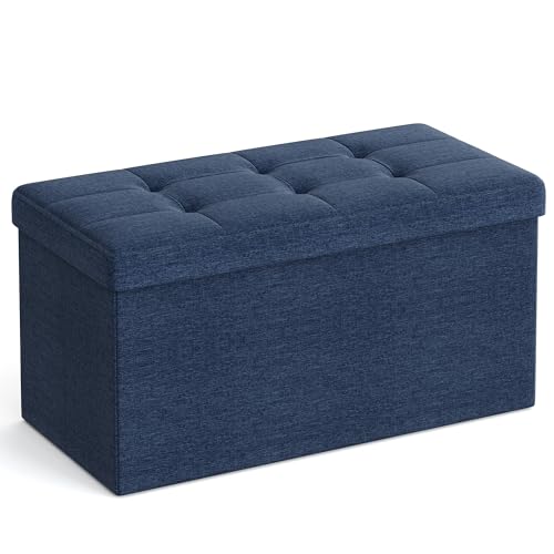 SONGMICS Banco de Almacenamiento, Puff Almacenaje de 76 cm, Baúl de Almacenaje, Taburete Reposapiés, Azul Oscuro MLSF47IN