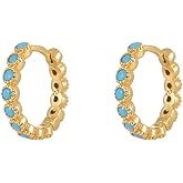 Cute Turquoise Huggie Hoop Small Earrings for Women Cartilage 925 Sterling Silver Beaded Hypoallergenic Pierced Sleeper Cuffs 10mm Hoops Earring Dainty Birthday Christmas Jewelry Gifts for Everyday