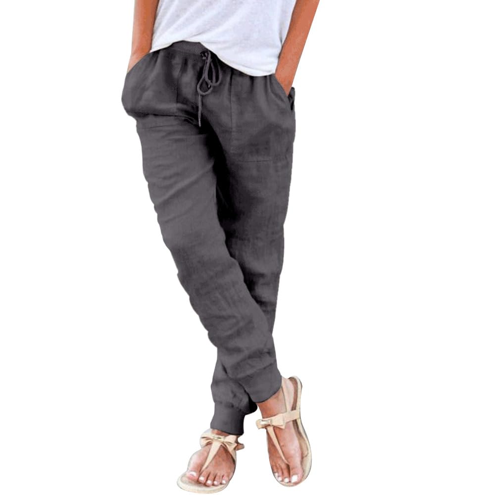 Photo 1 of (SMALL) Puimentiua Womens Cotton Linen Tapered Pants Drawstring Back Elastic Waist Pants Casual Print Trousers with Pockets Dark Gray