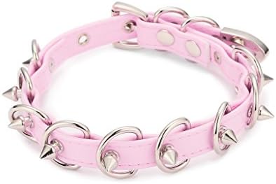 Handmade Punk Gothic Spiked D Ring Faux Leather Choker Necklace - Pink Big - 45 cm = 17.7 in