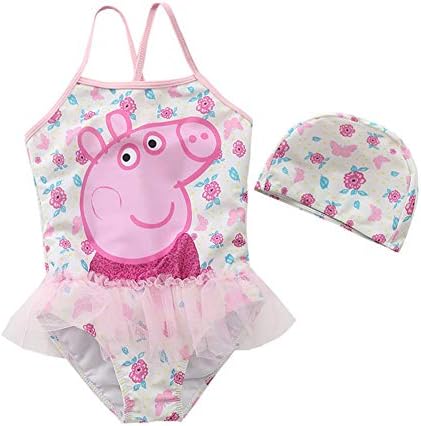 Girls Peppa Pig Pattern One-Piece Swimsuit Summer Beach Ruffle Swimwear Bathing Suit Bikini for Girls 2-6T with Caps