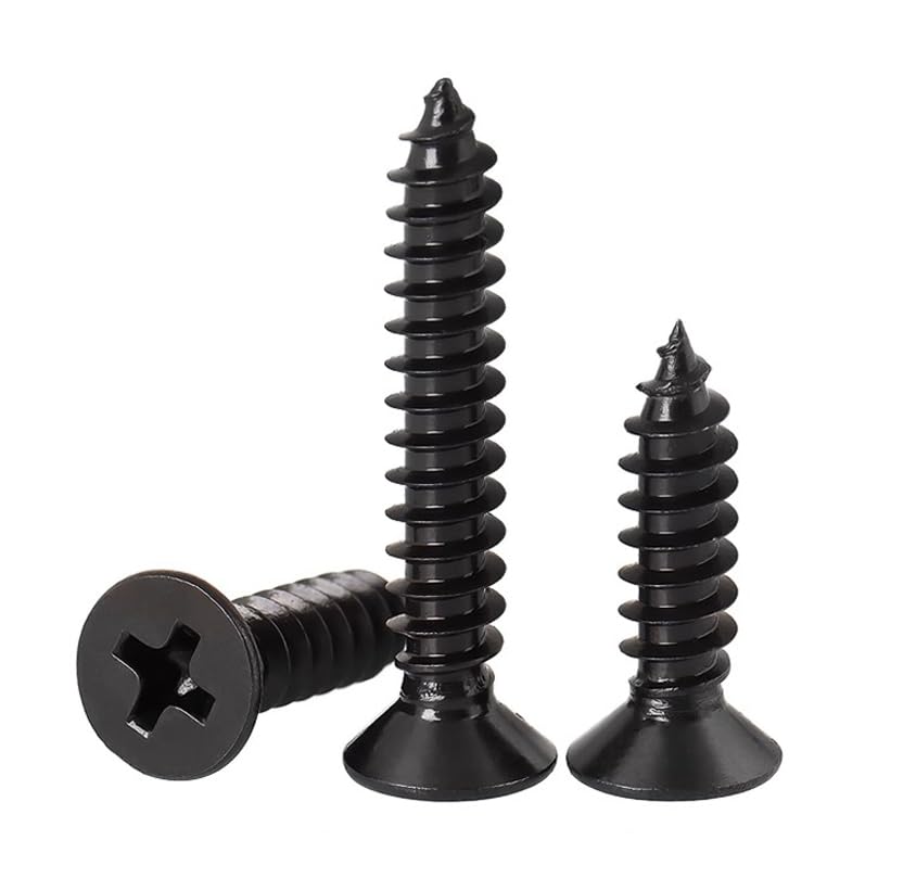 FandWay 125Pcs Self Tapping Screws Black,M3 Small Wood Screws Assortment,Flat Head Self Drilling Screw,Countersunk Head Sheet Metal Screw Phillips Drive for DIY WoodWork Repairs.