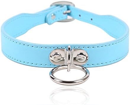 Punk Rock Silver O Ring Skyblue Leather Vintage Necklace Neckband Buckle Choker Fetish