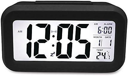 Alarm Clock Slim Digital Clock Large Display Travel Alarm Clock with Calendar &amp; Large Display and Smart Night Light(white Backlight) Lcd Travel Alarm Clock and Home Alarm Clock (Black)