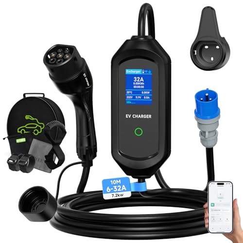 Type 2 Electric Car Charging Cable, 7.2 kW/6-32A/10M Mobile Wallbox with App, Portable Schuko Charging Cable, 1-15H Timer Function and IP65 for EV PHEV IEC 62196-2