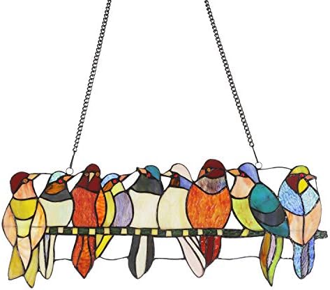 MELUCEE Stained Glass Panel Window Hanging 9 Birds 22.8 Inches Wide with Chain