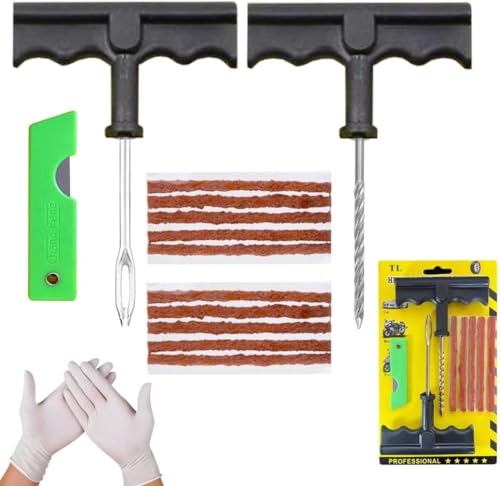 NOOGUI - Puncture Tyre Drill - Car Tyre Repair Kit - Repairs in 15 Minutes - Includes 20 Drills, 1 Spiral T-Tool, 1 T-Tool Insert, 2 Gloves and 1 Cutter - Car Puncture Resistant Kit