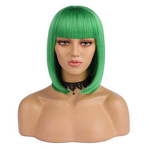 eNilecor Short Bob Hair Wigs 12" Straight with Flat Bangs Synthetic Colorful Cosplay Daily Party Wig for Women Natural As Real Hair+ Free Wig Cap (Green) - Thumbnail 2