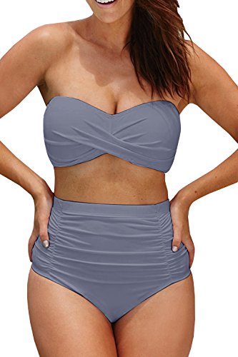 Coutgo Womens Plus Size High Waisted Swimsuit Two Pieces Strapless Bikini Bathing Suit (XXXXL, Grey)