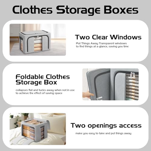 Resszo Lot of 2 Rigid Wardrobe Boxes 66L, 50x40x33CM Clothes Boxes with Metal Frame, Oxford & Double Window/Zip, Space Saving Closet Containers, Grey