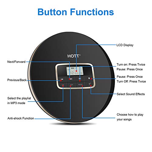 HOTT Portable CD Player Personal Small Walkman CD Disc Player, with Electronic Anti-Skip Anti-Shock Protection (Black)