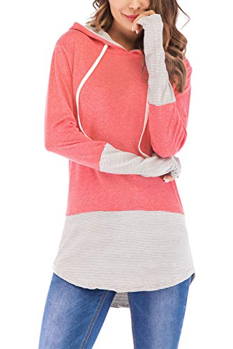 FAVALIVE Stripes Hoodies Shirts for Women Long Sleeve Red XXL