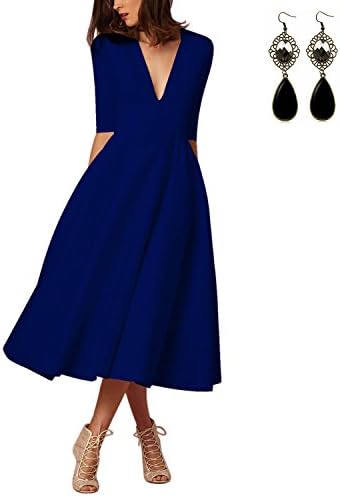 Sitengle Elegant Women Deep V Neck Long Evening Cocktail Formal Swing Dress (X-Large, Navy Blue)