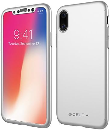 iPhone X Case, Celeir 360 Degree Hybrid Shockproof Full Body Protection Cover Ultra Thin Hard PC Anti Scratches Fingerprint Excellent Grip with Tempered Glass Screen Protector (Silver)