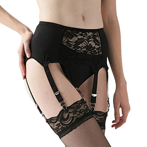 Women's Sexy Lace Front Panel Garter Belt with 6 Strap Metal Clip for Stockings/Lingerie Black XL