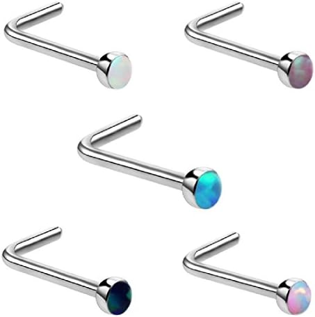 5pcs/lot Steel L Shape Silver Nose Ring Piercings Opal Stone Nose Studs Sexy Body Jewelry Piercing Ring