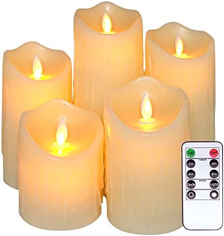 DRomance Moving Wick Flameless Dripping Candles Battery Operated with Remote and Timer, Set of 5 Real Wax LED Flickering Candles Warm Light Christmas Decoration(Ivory, 3 x 5-9 Inches)