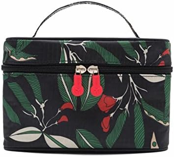 Small Waterproof Cotton Canvas Square Cosmetic Bag For Women Floral Zip Makeup Toiletries Organizer and Travel Bag With Top Handle Storage Bag Train Case (Black)