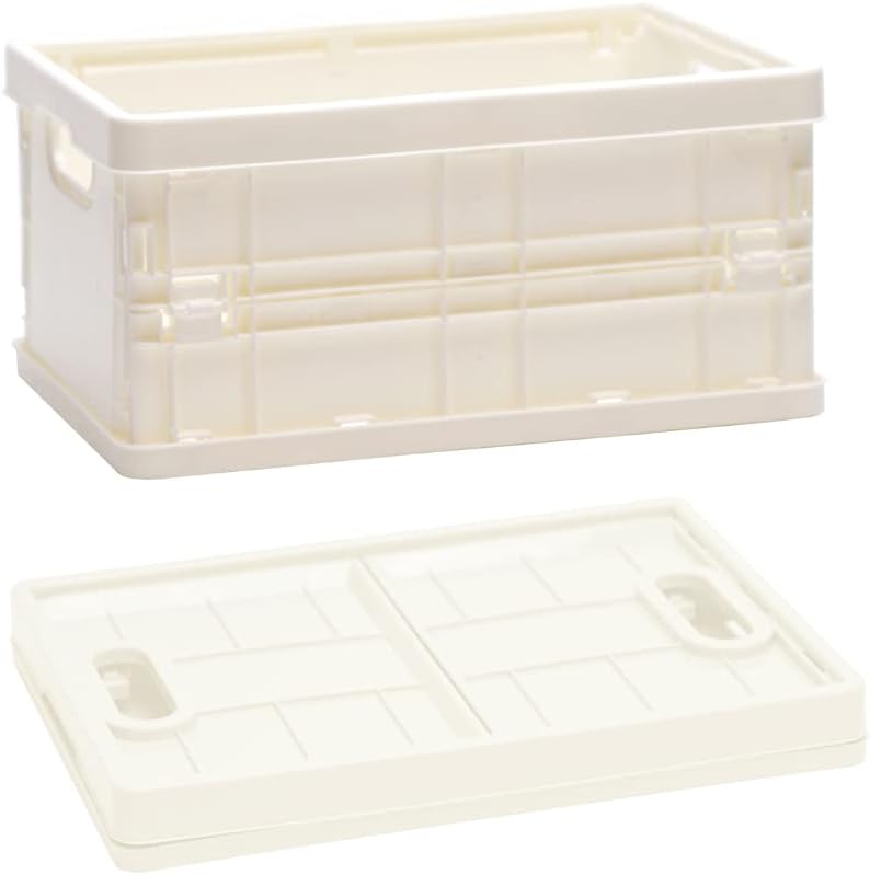 Hikinlichi Plastic Box Collapsible Storage Case Box Container Bin Office Crate Organizer Foldable Stackable Folding for Toys Camping Car Van Home Kitchen Garage with Lid 28.2x20.6x14.3cm White