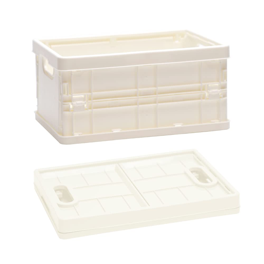 Hikinlichi Plastic Box Collapsible Storage Case Box Container Bin Office Crate Organizer Foldable Stackable Folding for Toys Camping Car Van Home Kitchen Garage with Lid 28.2x20.6x14.3cm White