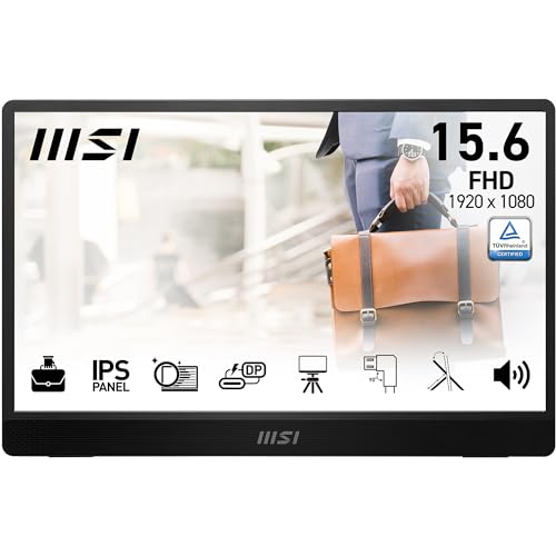 MSI PRO MP161 E2U 15,6 Zoll Full HD Portabler Monitor - 1920x1080 IPS, 60Hz, augenschonend, für PC, Laptop, Mobil, Lautsprecher, verbessertes Gehäuse & Kickstand, Mini-HDMI 2.0b, 2 x USB Type-C