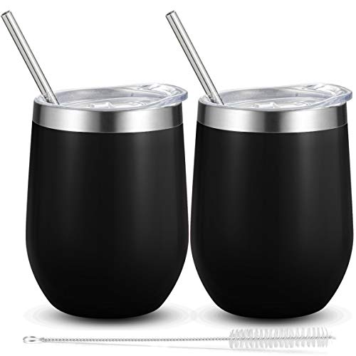 Fungun 12 oz Stemless Wine Tumbler, Stainless Steel Wine Glass, Insulated Tumbler with Lids for Wine, Coffee, Drinks, Cocktails, 2 Sets Including 2 Pieces Straws and Brush (Black)