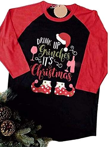 MOUSYA Women Drink Up Grinches It's Christmas Baseball Tees Funny Santa Hat 3/4 Sleeve Raglan Shirt Tops Blouse